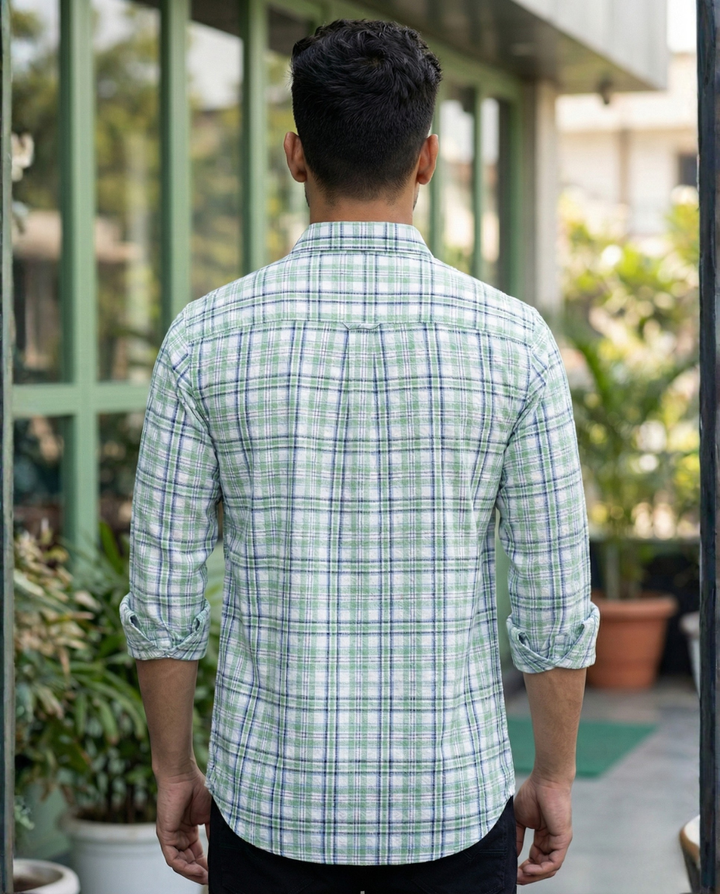 Men’s Green Checked Casual Shirt with Full Sleeves & Button-Down Design – Premium Everyday Style
