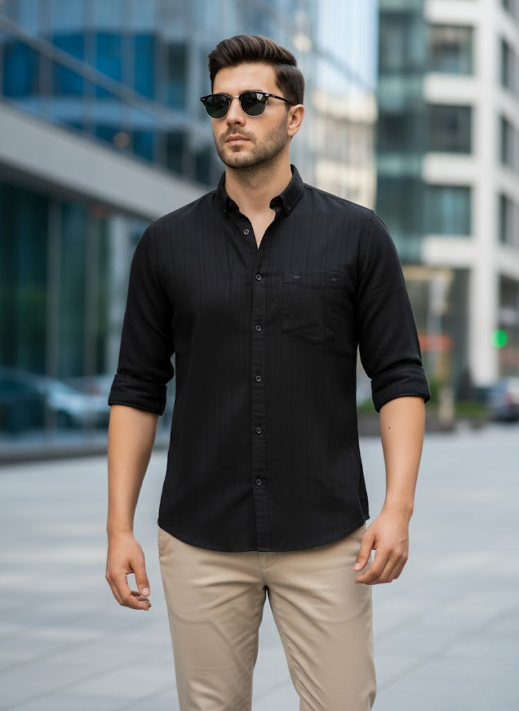 Men’s Black Cotton striped Slim Fit  shirt