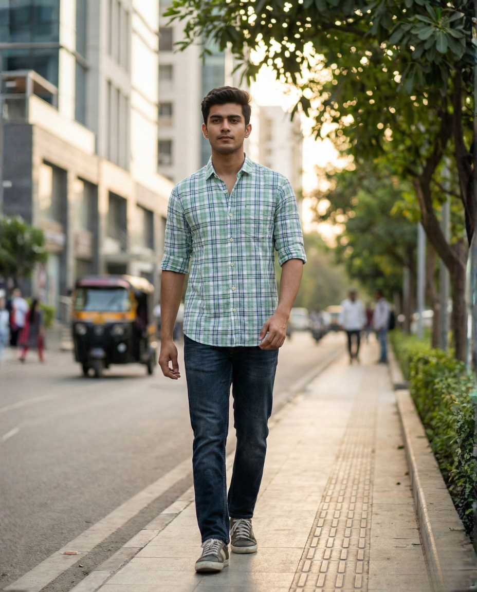 Men’s Green Checked Casual Shirt with Full Sleeves & Button-Down Design – Premium Everyday Style