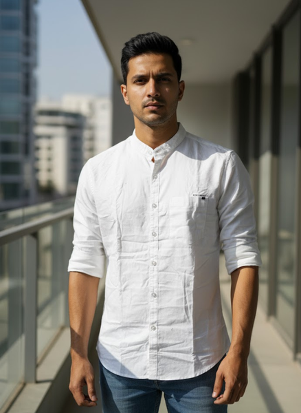 Men’s White Cotton Slub Slim Fit Mandarin Collar Shirt