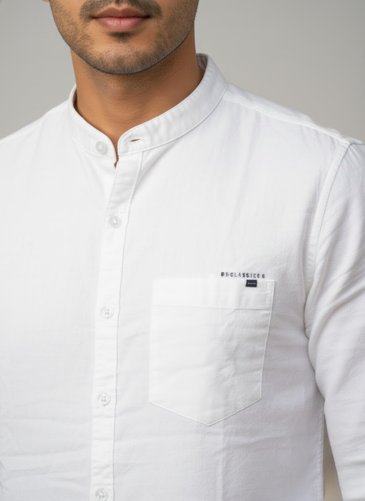 Men’s White Cotton Slub Slim Fit Mandarin Collar Shirt