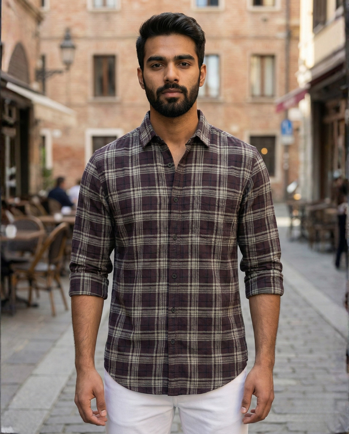 Men’s Maroon Checked Casual Shirt with Full Sleeves & Button-Down Styling – Refined Everyday Wear