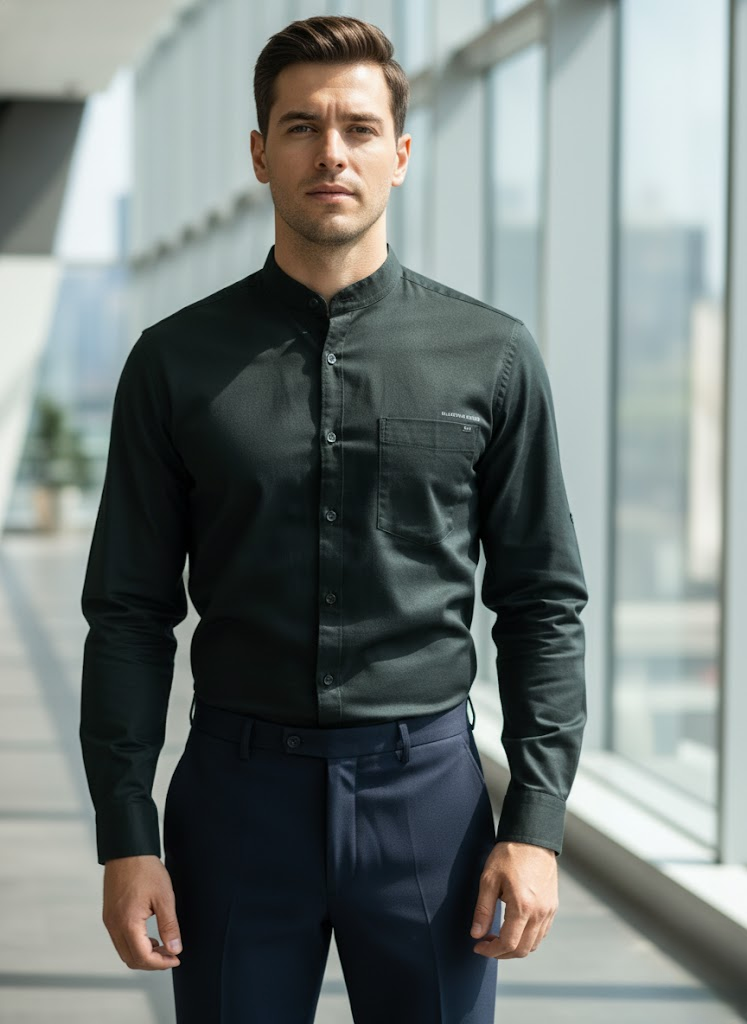 Men’s Dark Green Cotton Slub Slim Fit Mandarin Collar Shirt
