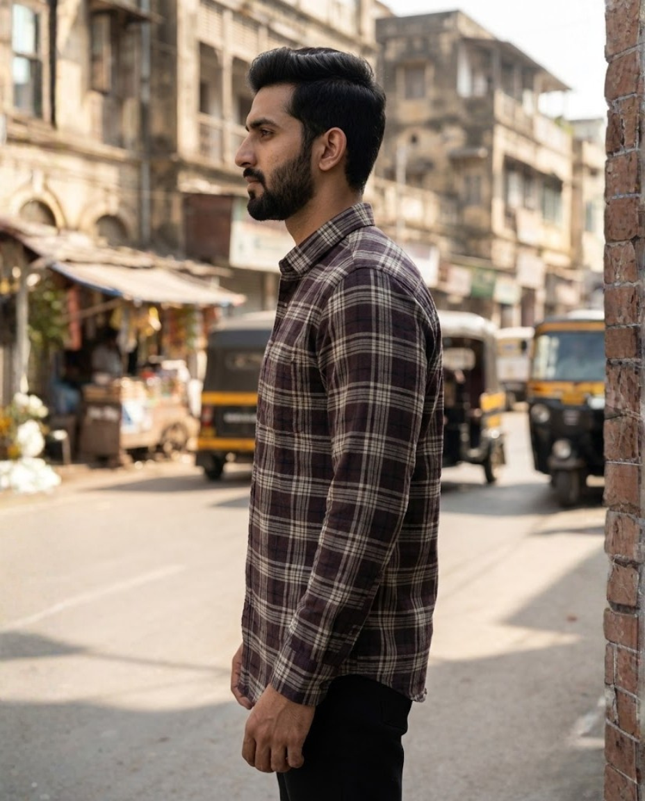 Men’s Maroon Checked Casual Shirt with Full Sleeves & Button-Down Styling – Refined Everyday Wear