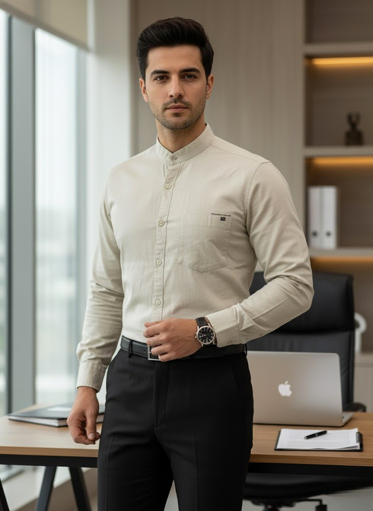 Men’s Cream Beige Cotton slub Slim Fit Mandarin Collar Shirt