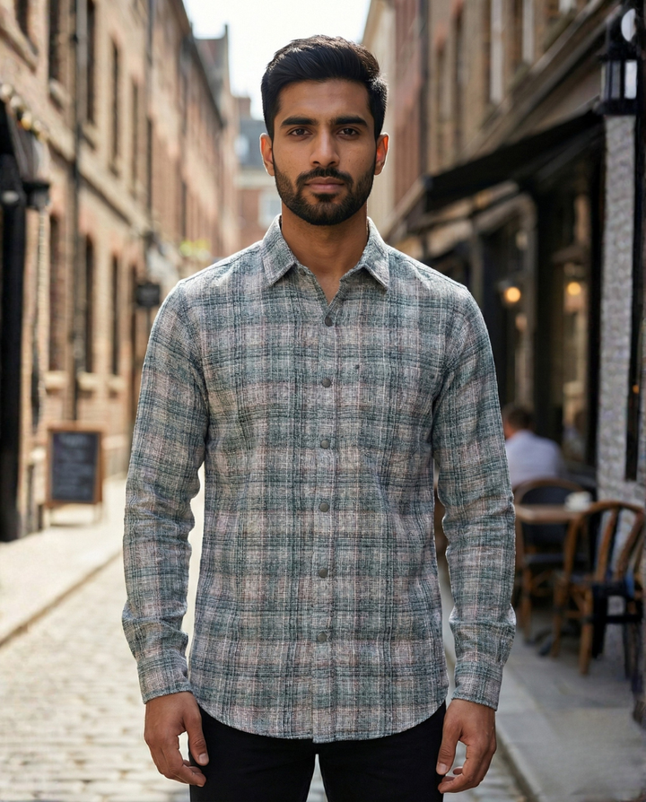 Men’s Grey Checked Casual Shirt with Full Sleeves & Button-Down Styling – Premium Smart Casual Wear