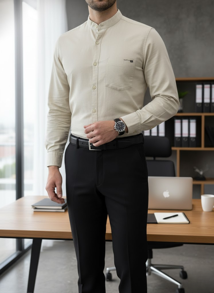 Men’s Cream Beige Cotton slub Slim Fit Mandarin Collar Shirt