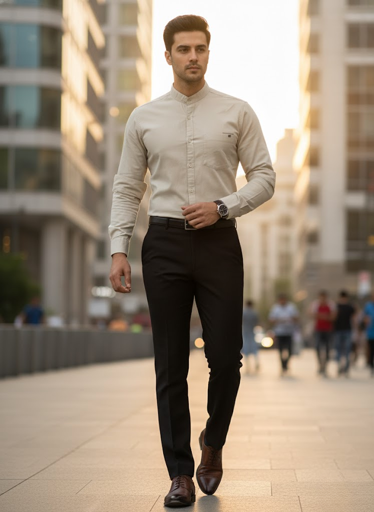 Men’s Cream Beige Cotton slub Slim Fit Mandarin Collar Shirt