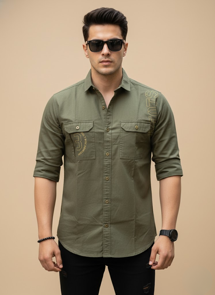 Men’s Double Pocket Olive Green Cotton Stylish Casual Shirt