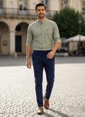 Men’s Sage Green Cotton Slub Slim Fit Mandarin Collar Shirt