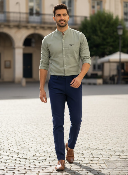 Men’s Sage Green Cotton Slub Slim Fit Mandarin Collar Shirt