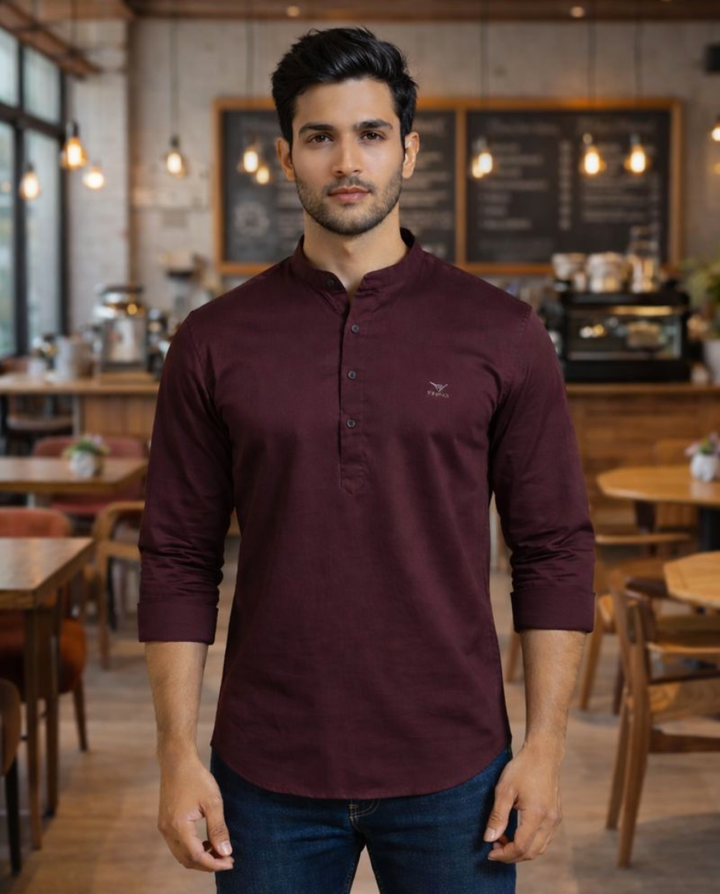 Men’s Maroon Solid Satin Short Kurta with Mandarin Collar & Full Sleeves