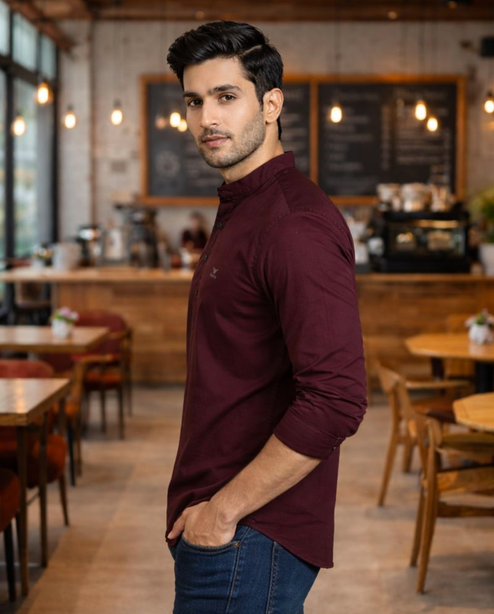 Men’s Maroon Solid Satin Short Kurta with Mandarin Collar & Full Sleeves
