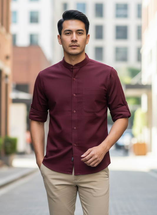 Men’s Maroon Cotton Slub Slim Fit Mandarin Collar Shirt