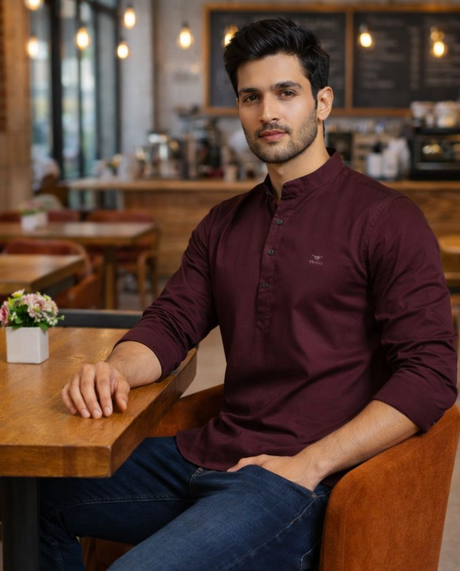 Men’s Maroon Solid Satin Short Kurta with Mandarin Collar & Full Sleeves