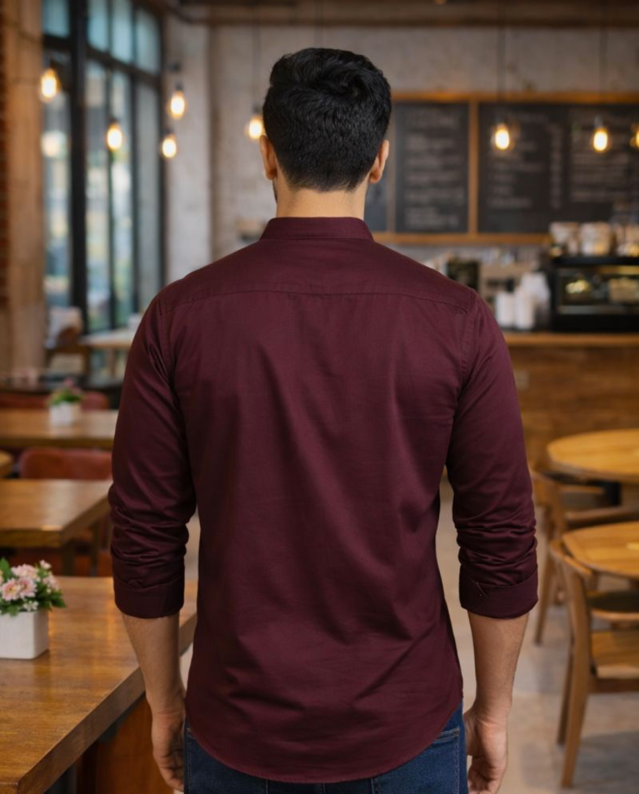 Men’s Maroon Solid Satin Short Kurta with Mandarin Collar & Full Sleeves