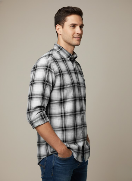 Men’s White & Black Checked Cotton Slim Fit Casual Shirt