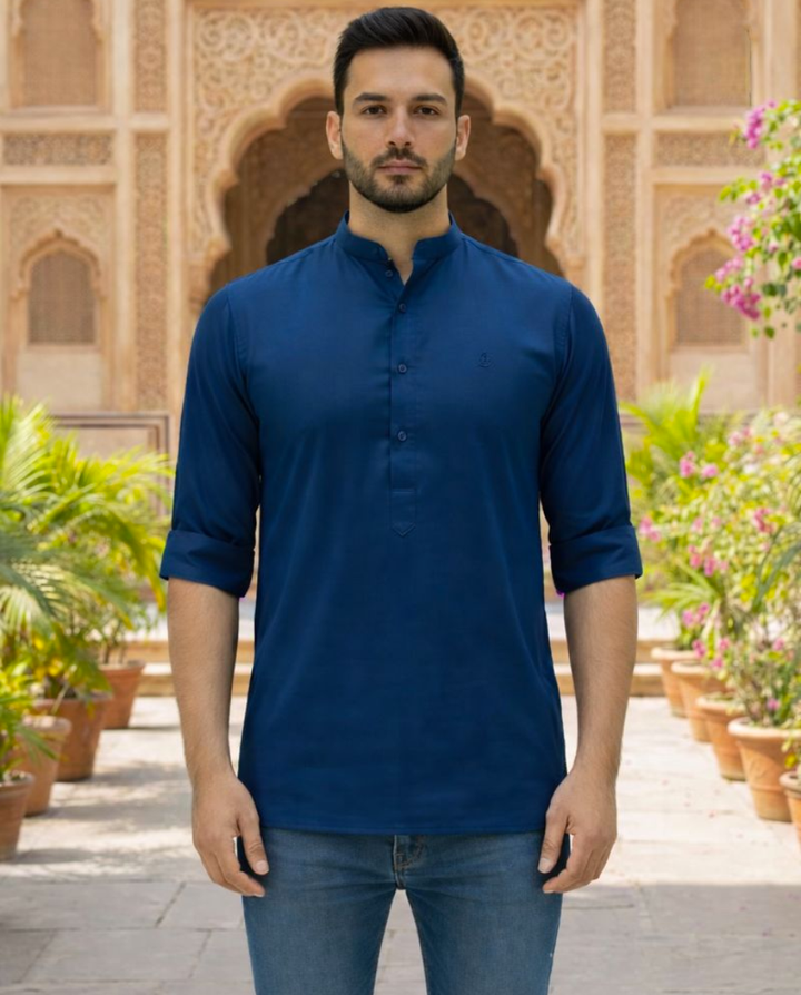 Men’s Royal Blue Solid Satin Short Kurta with Mandarin Collar & Full Sleeves