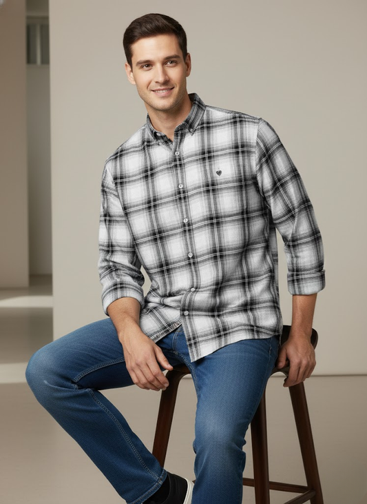 Men’s White & Black Checked Cotton Slim Fit Casual Shirt