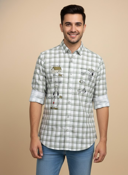 Men’s White & Green Printed Checked Imported Slim Fit Casual Shirt