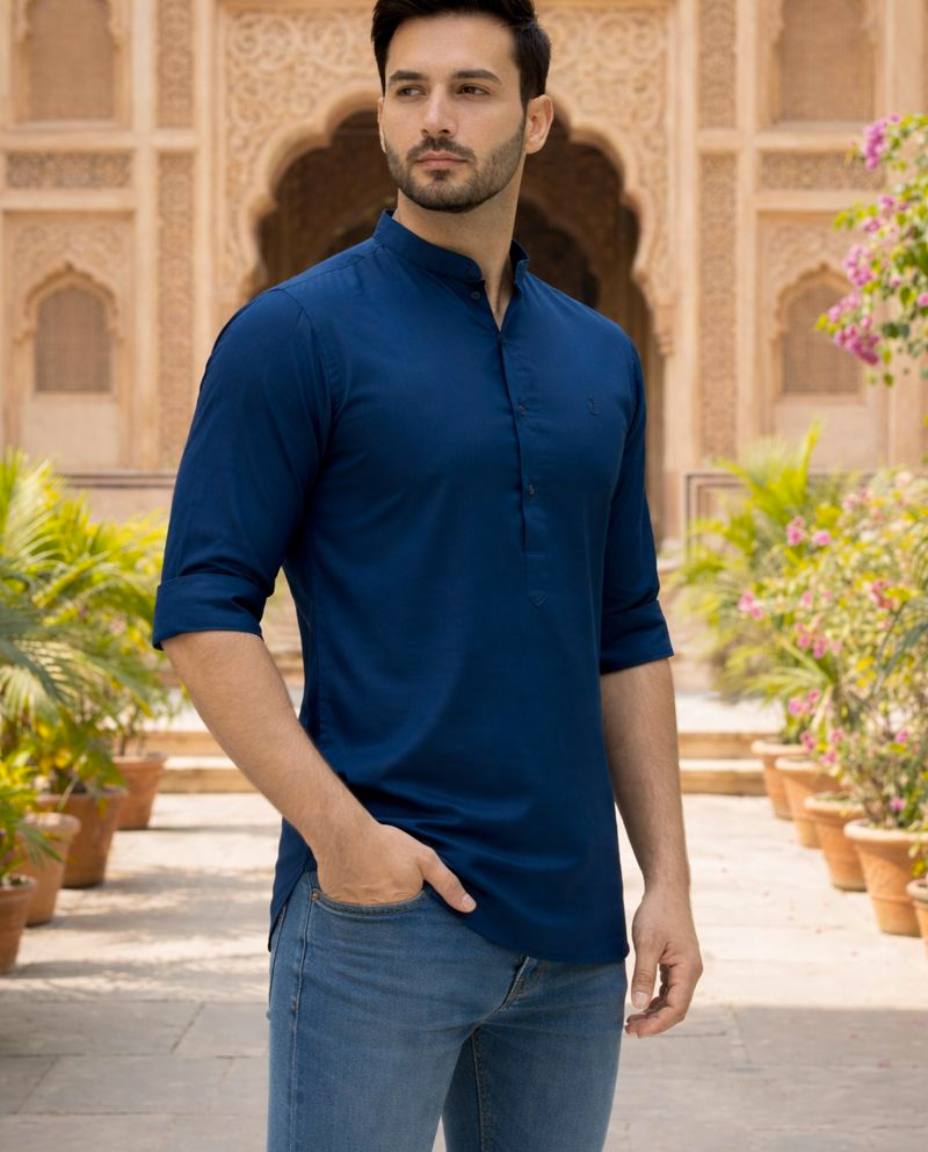 Men’s Royal Blue Solid Satin Short Kurta with Mandarin Collar & Full Sleeves