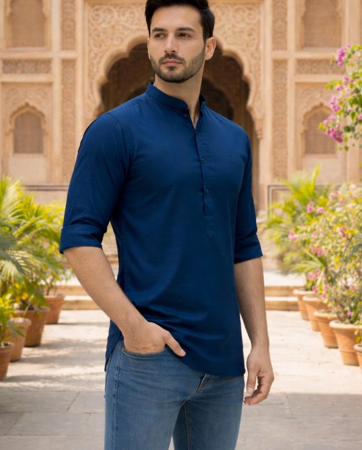 Men’s Royal Blue Solid Satin Short Kurta with Mandarin Collar & Full Sleeves