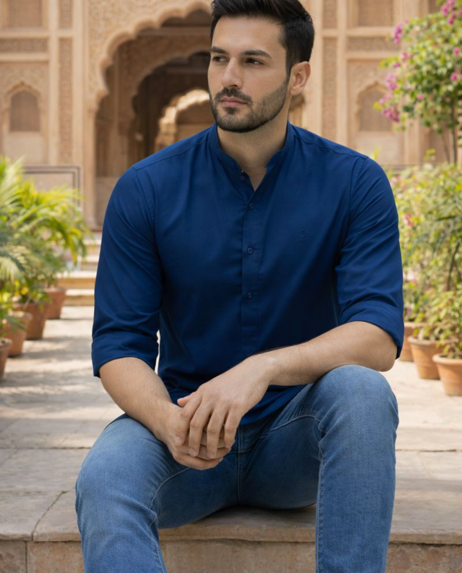 Men’s Royal Blue Solid Satin Short Kurta with Mandarin Collar & Full Sleeves