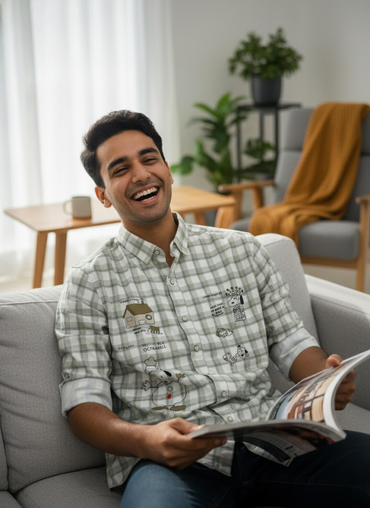 Men’s White & Green Printed Checked Imported Slim Fit Casual Shirt