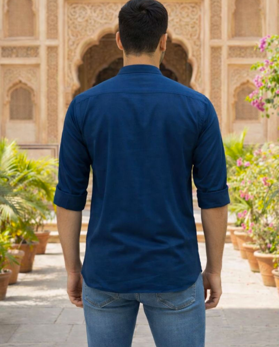 Men’s Royal Blue Solid Satin Short Kurta with Mandarin Collar & Full Sleeves