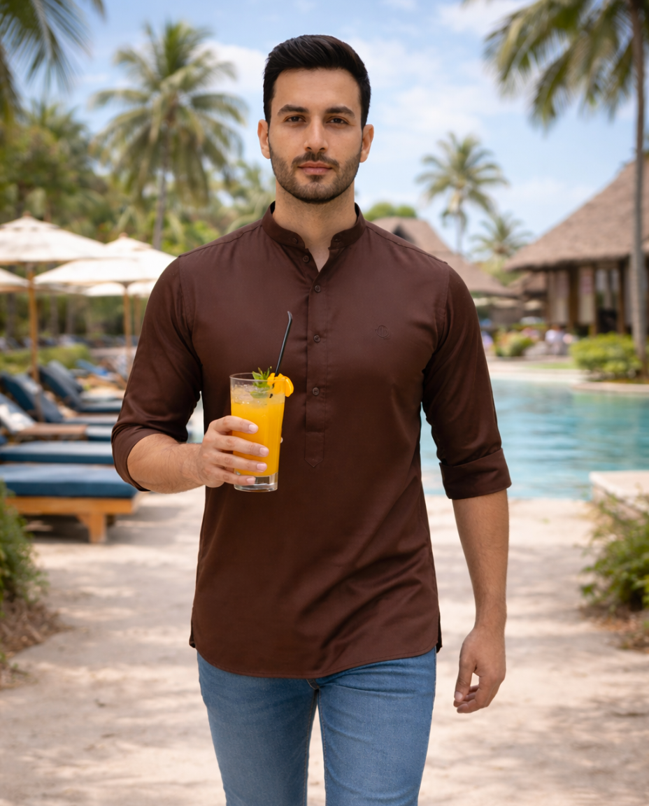 Men’s Brown Solid Satin Short Kurta with Mandarin Collar & Full Sleeves