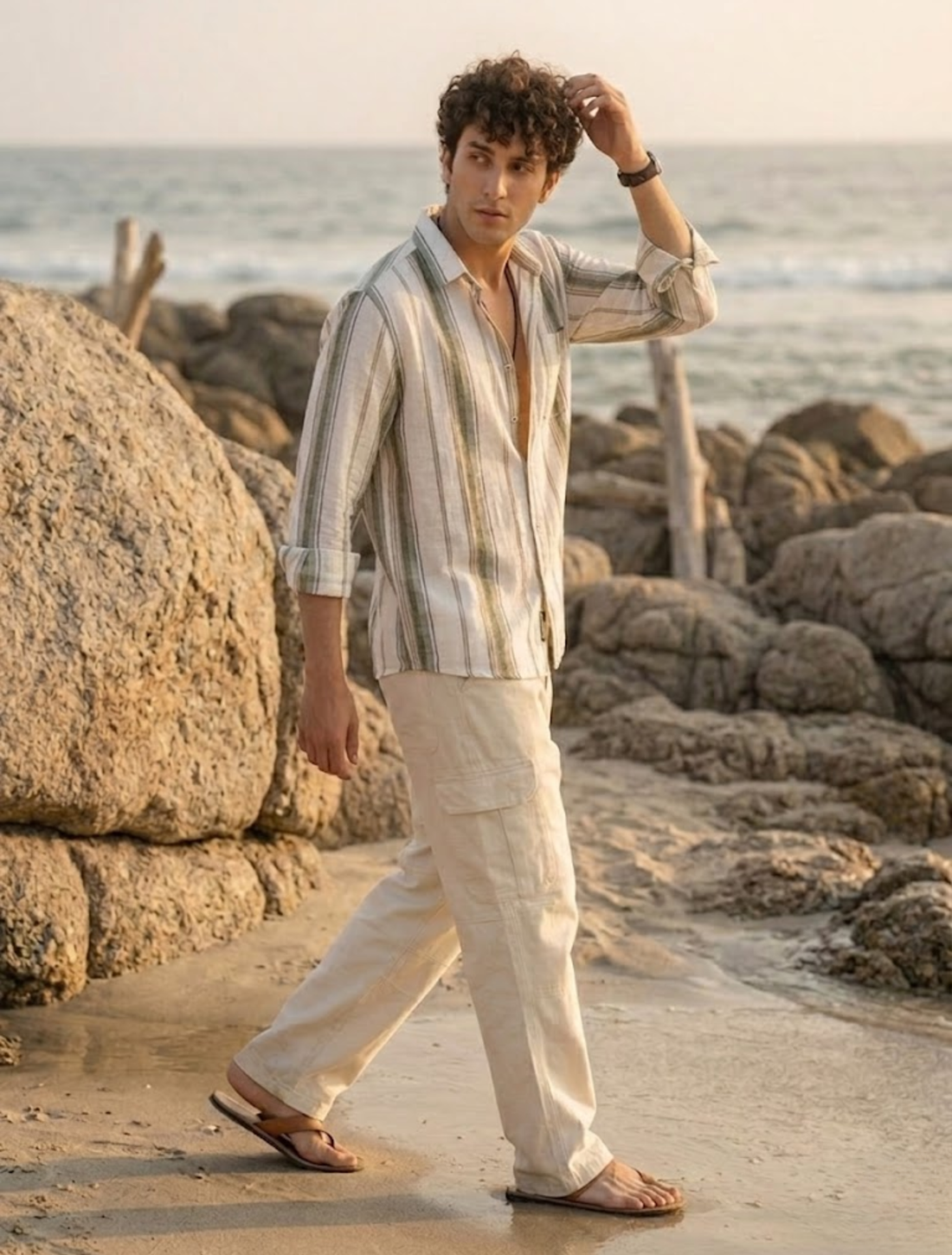 Men’s Beach Stripe Casual Cotton Linen Summer Fit Shirt