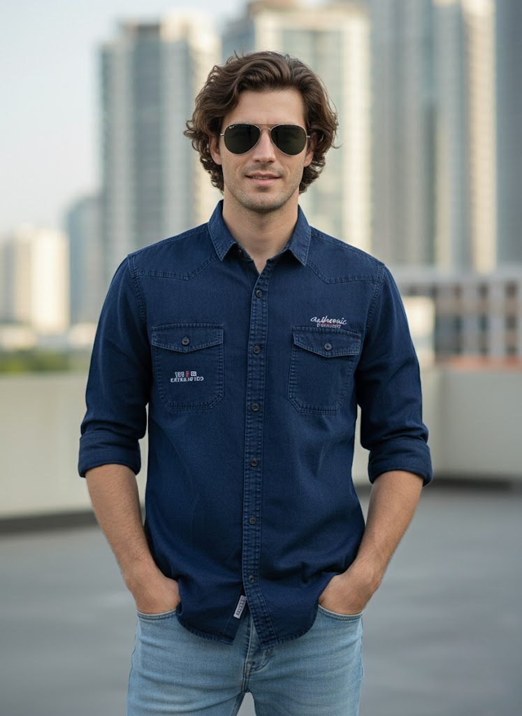 Men’s Navy Blue Denim Washed Cotton Shirt