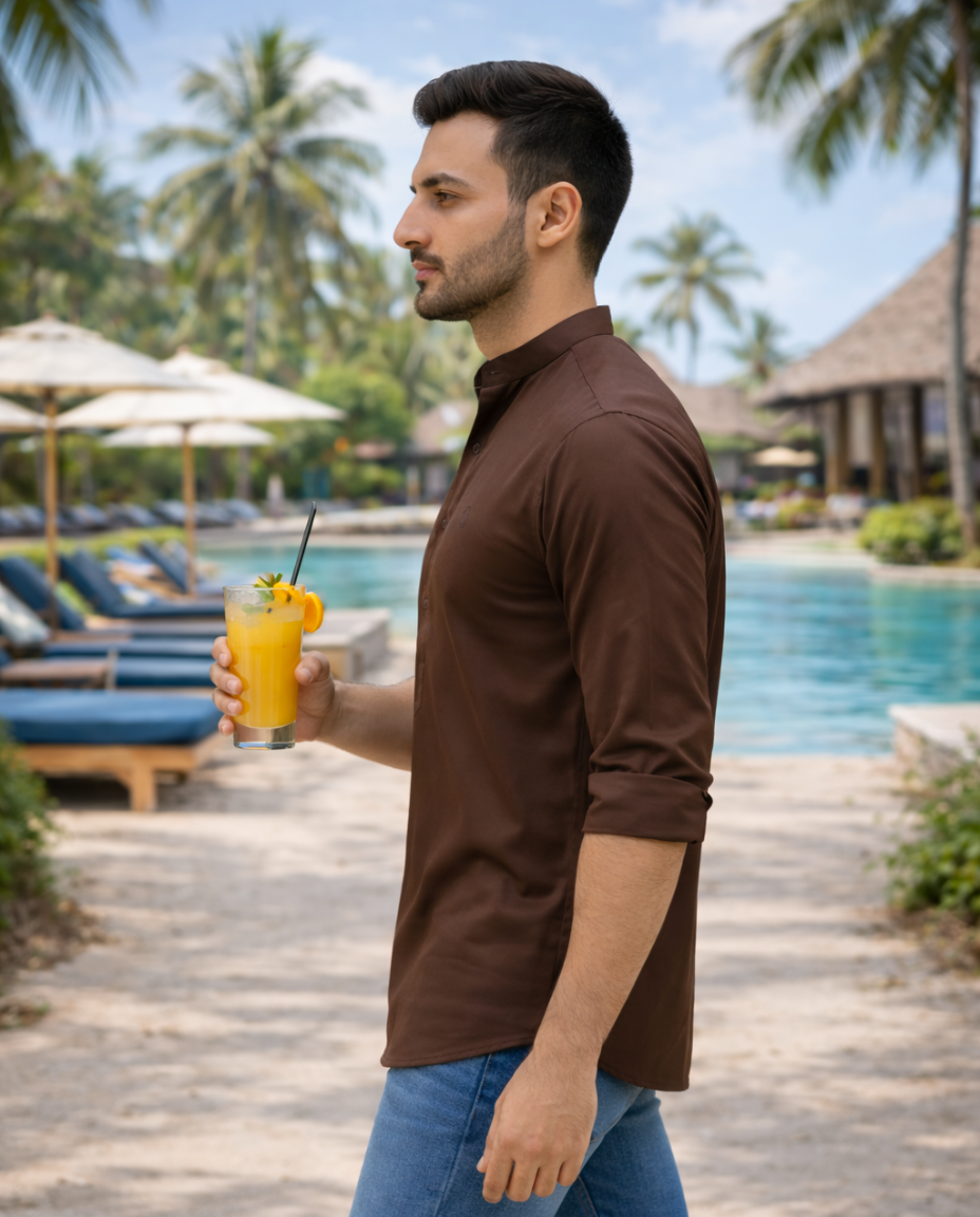 Men’s Brown Solid Satin Short Kurta with Mandarin Collar & Full Sleeves