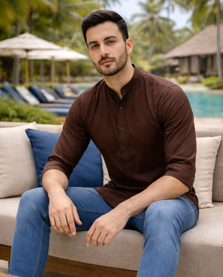 Men’s Brown Solid Satin Short Kurta with Mandarin Collar & Full Sleeves