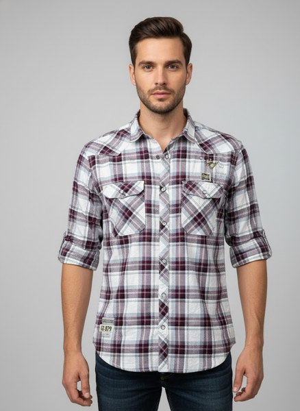 Men’s White & Maroon Checked Cotton Slim Fit Casual Shirt