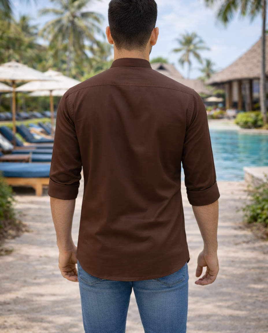 Men’s Brown Solid Satin Short Kurta with Mandarin Collar & Full Sleeves