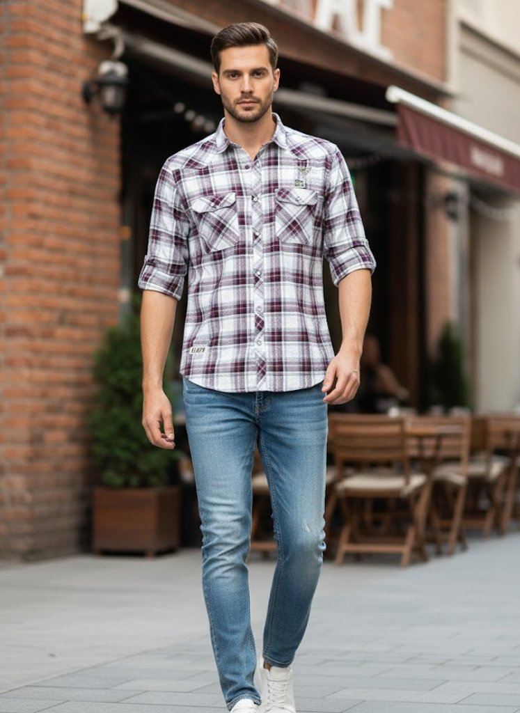 Men’s White & Maroon Checked Cotton Slim Fit Casual Shirt