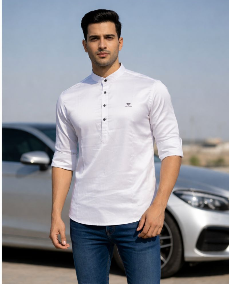 Men’s White Solid Satin Short Kurta with Mandarin Collar & Full Sleeves
