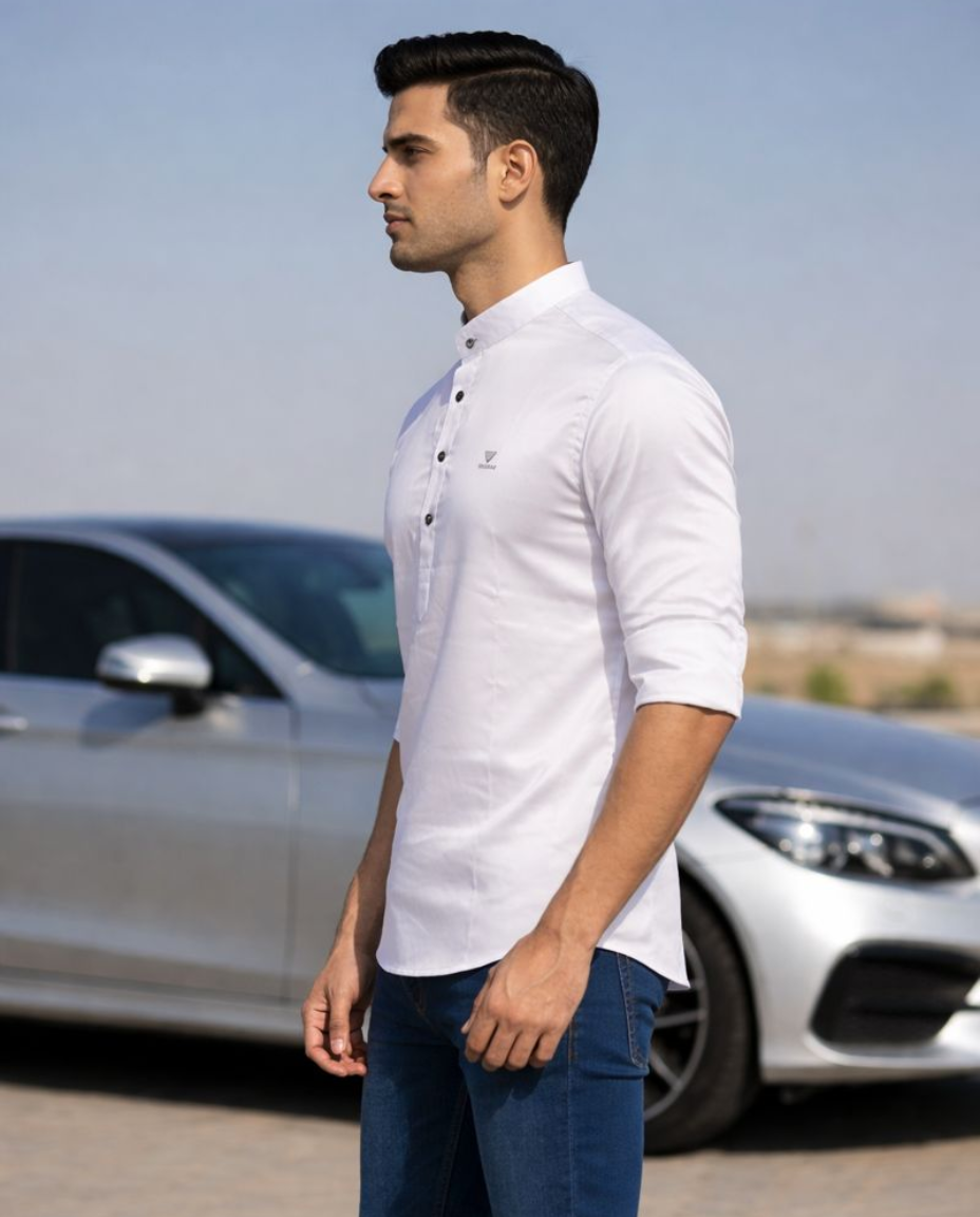 Men’s White Solid Satin Short Kurta with Mandarin Collar & Full Sleeves