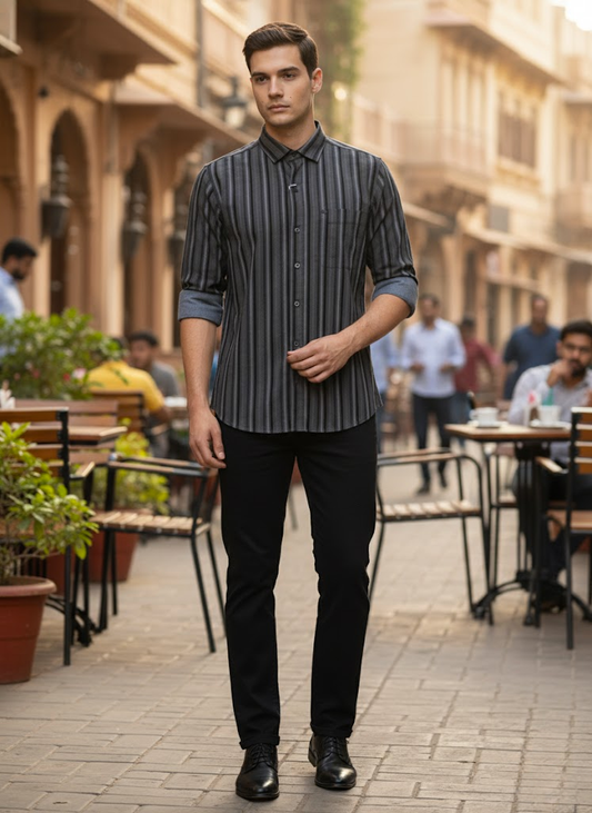 Men’s Black & Grey Striped lycra Slim Fit Casual Shirt