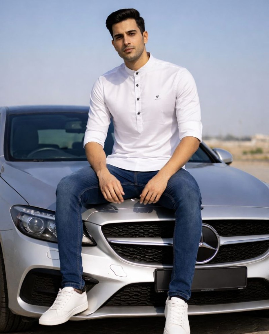 Men’s White Solid Satin Short Kurta with Mandarin Collar & Full Sleeves