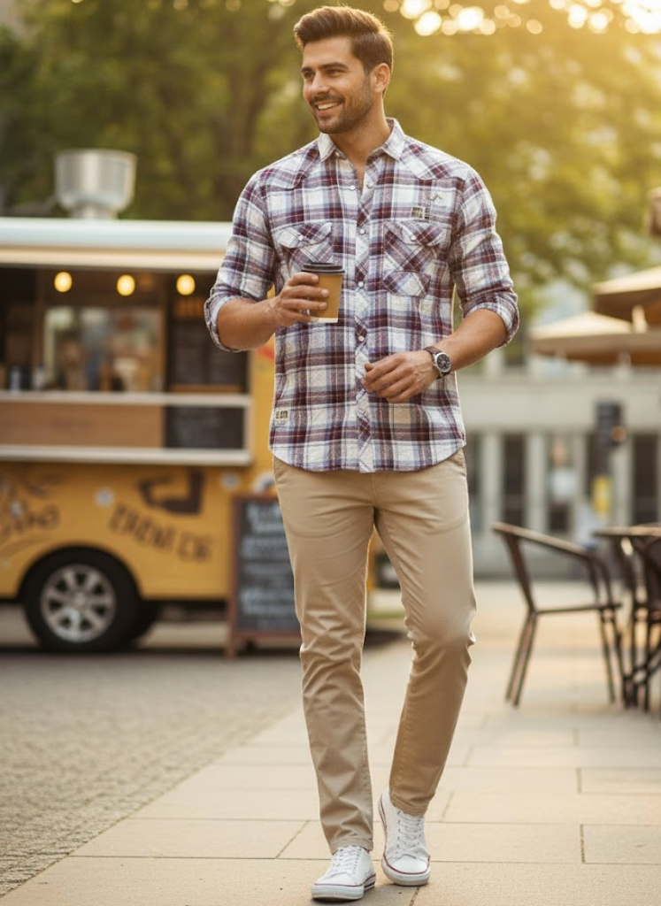 Men’s White & Maroon Checked Cotton Slim Fit Casual Shirt