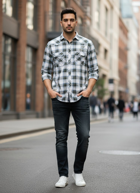 Men’s White & Green Checked Cotton Slim Fit Casual Shirt