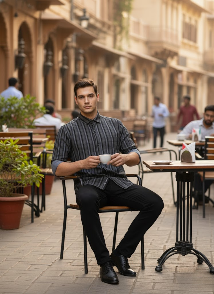 Men’s Black & Grey Striped lycra Slim Fit Casual Shirt