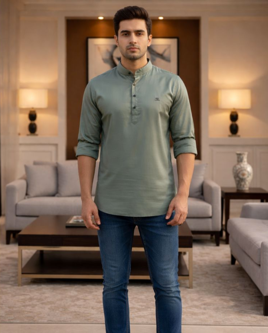 Men’s Sage Green Solid Satin Short Kurta with Mandarin Collar & Full Sleeves