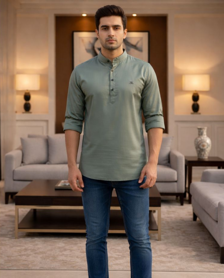Men’s Sage Green Solid Satin Short Kurta with Mandarin Collar & Full Sleeves