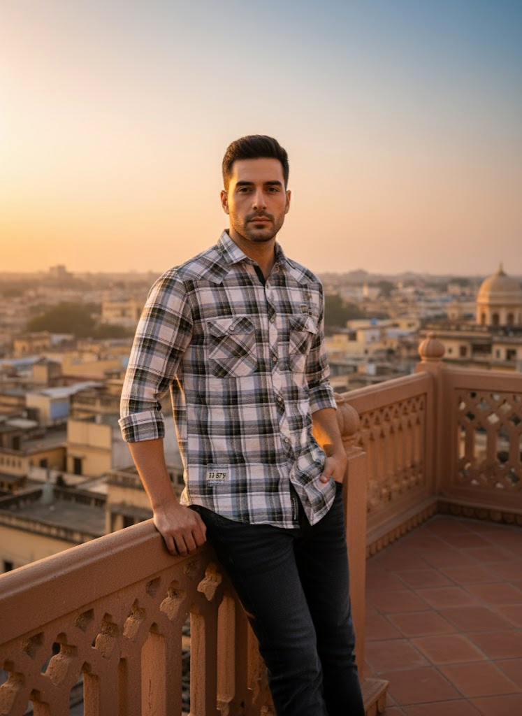 Men’s White & Green Checked Cotton Slim Fit Casual Shirt