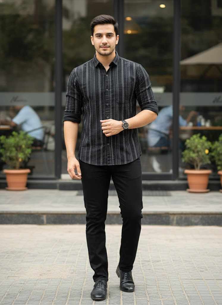 Men’s Jet Black Vertical Striped Cotton Slim Fit Casual Shirt