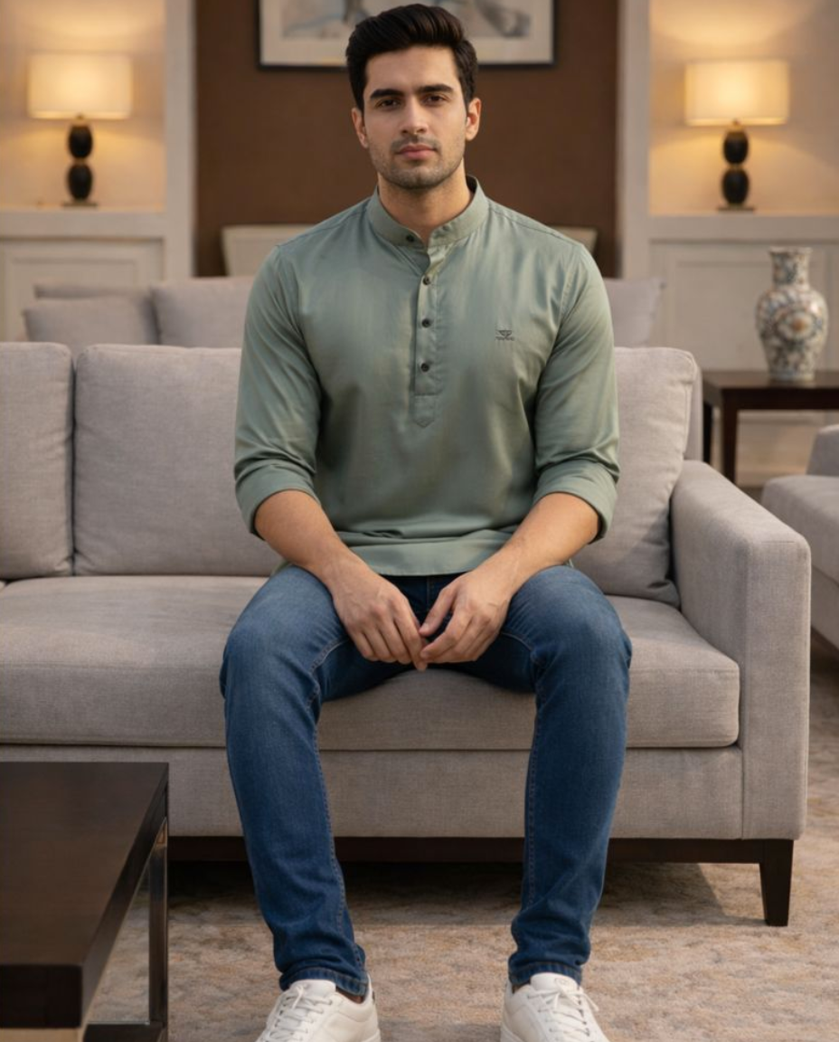 Men’s Sage Green Solid Satin Short Kurta with Mandarin Collar & Full Sleeves