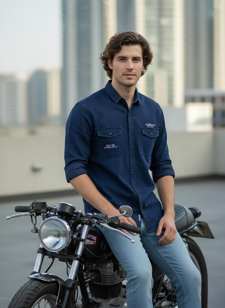 Men’s Navy Blue Denim Washed Cotton Shirt